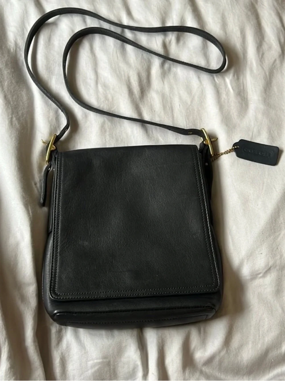 Coach Black Leather Messenger Crossbody with Gold Hardware